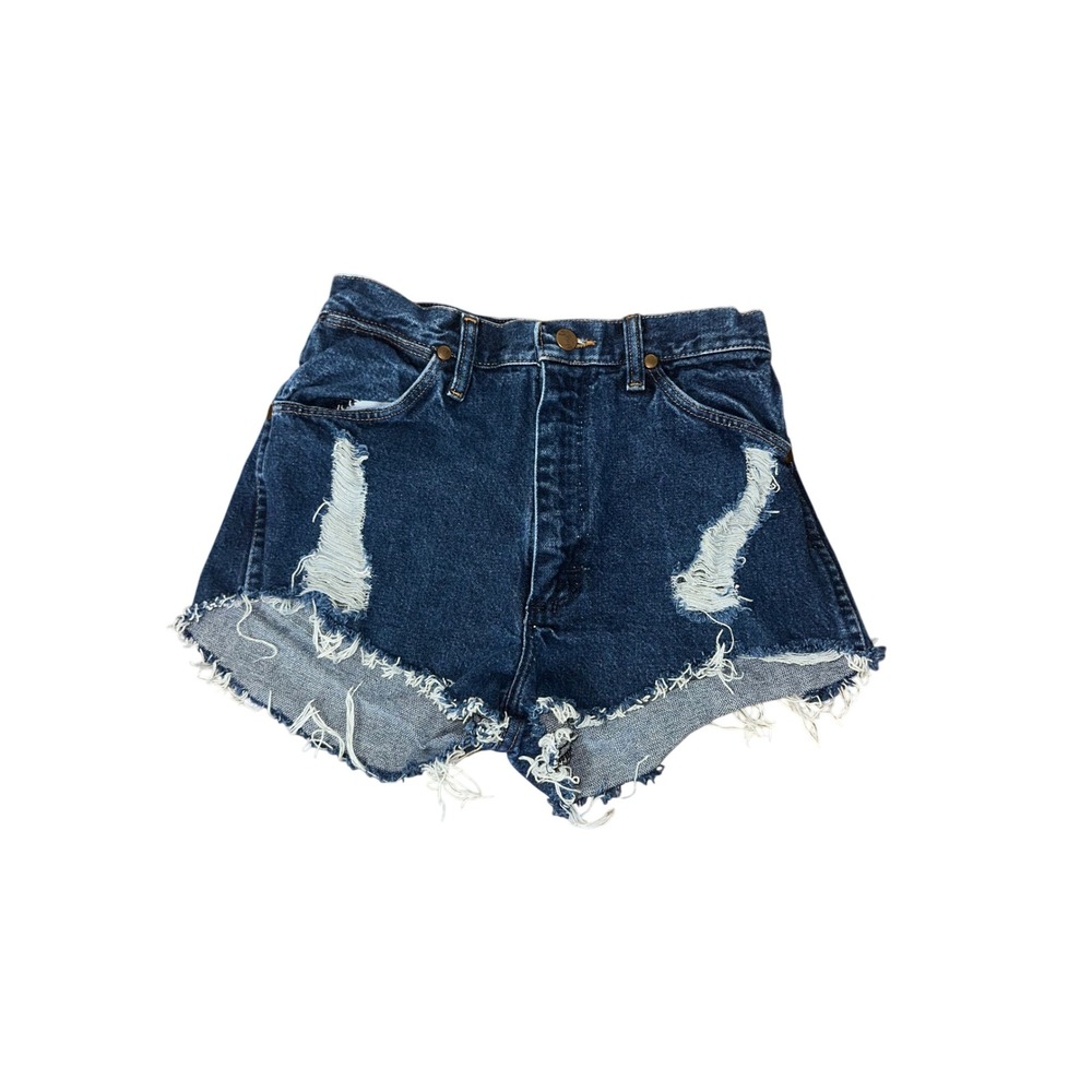 Vintage Wrangler High Waisted Distressed Denim Shorts Dark Wash Cut Offs 5/26